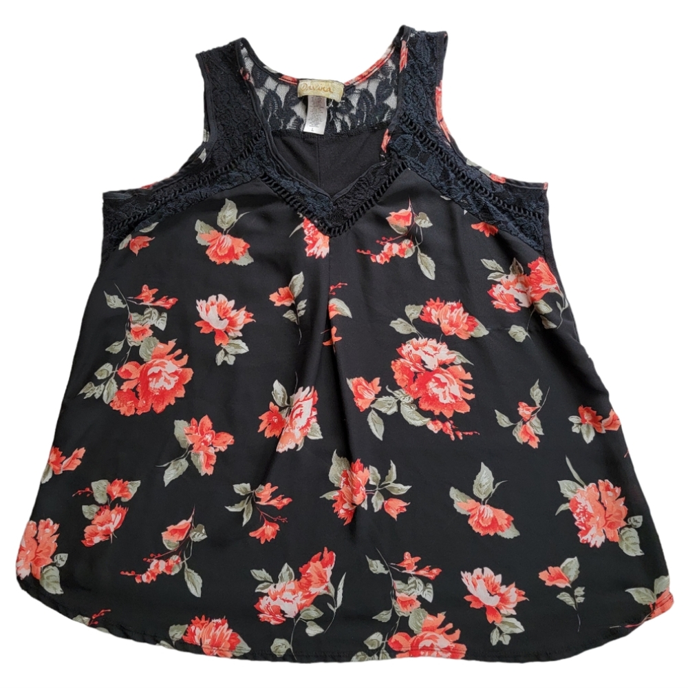 Davina Black Flowy Floral Tank Top Blouse Sleeveless Size Large